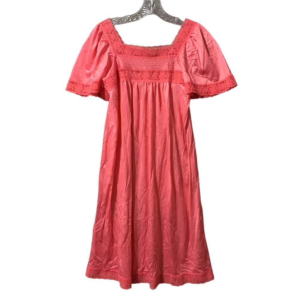 Gossard Artemis‎ Nightgown Small Coral Pink Lace Trim Short Sleeve USA MadeVtg